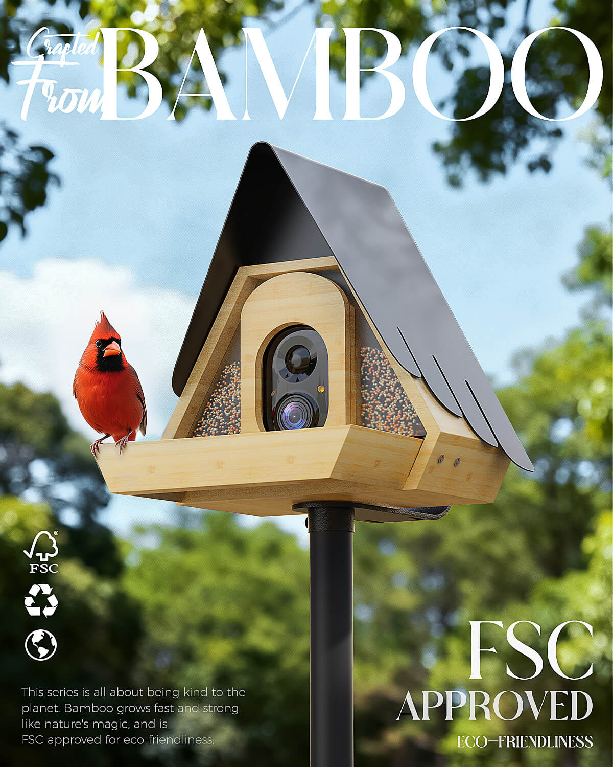 Bamboo Smart Bird Feeder with 2K AI Camera – FSC-Certified, Solar Powered, Eco-Friendly Gift for Bird Lovers (64G SD Card Included)
