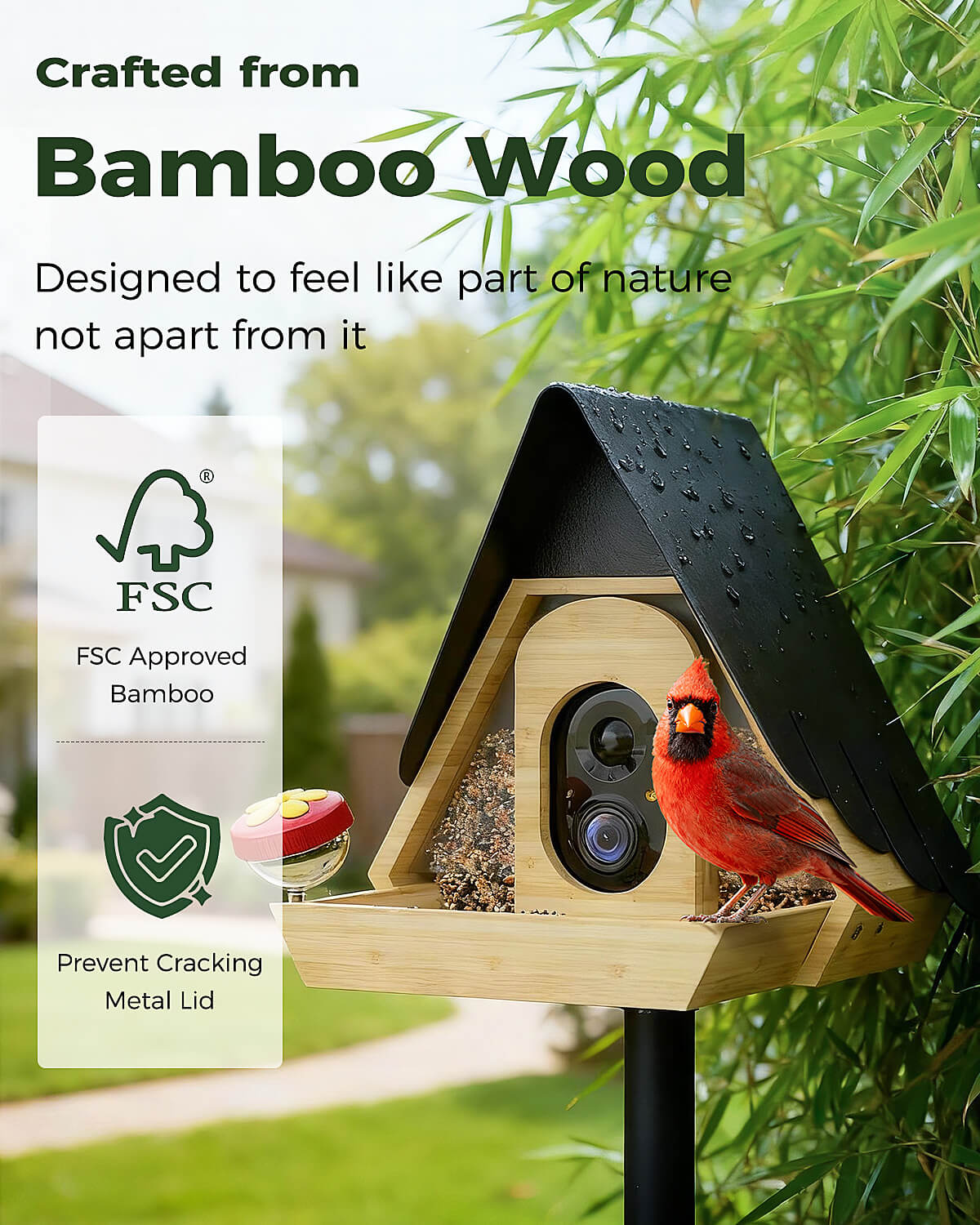 Bamboo Smart Bird Feeder with 2K AI Camera – FSC-Certified, Solar Powered, Eco-Friendly Gift for Bird Lovers (64G SD Card Included)