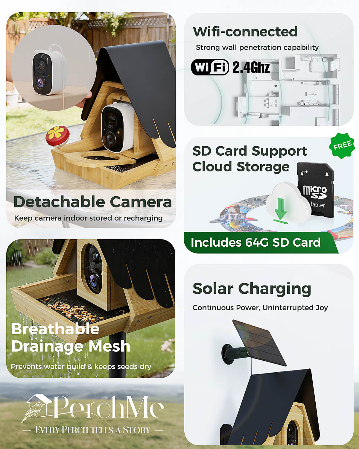 Bamboo Smart Bird Feeder with 2K AI Camera – FSC-Certified, Solar Powered, Eco-Friendly Gift for Bird Lovers (64G SD Card Included)