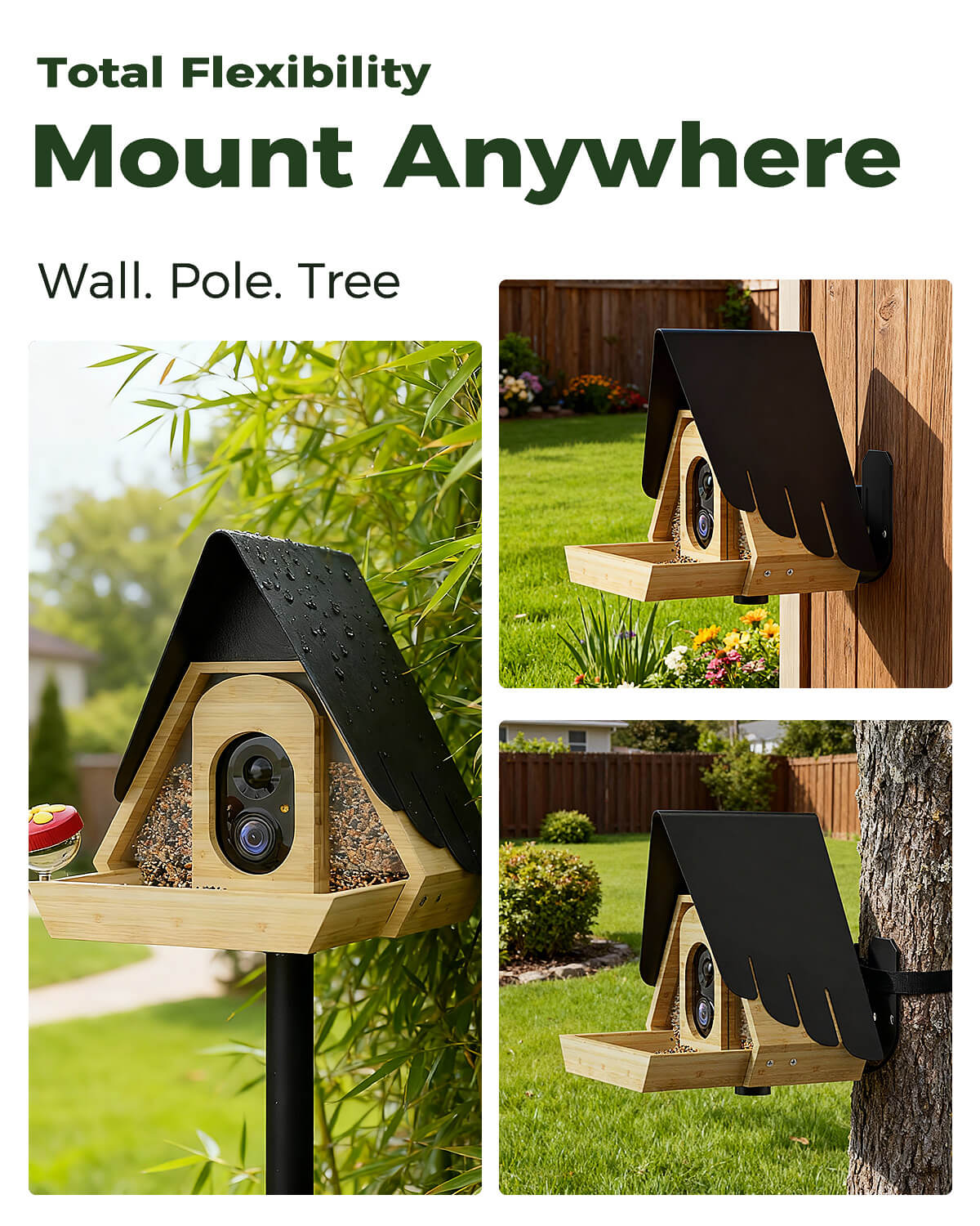 Bamboo Smart Bird Feeder with 2K AI Camera – FSC-Certified, Solar Powered, Eco-Friendly Gift for Bird Lovers (64G SD Card Included)